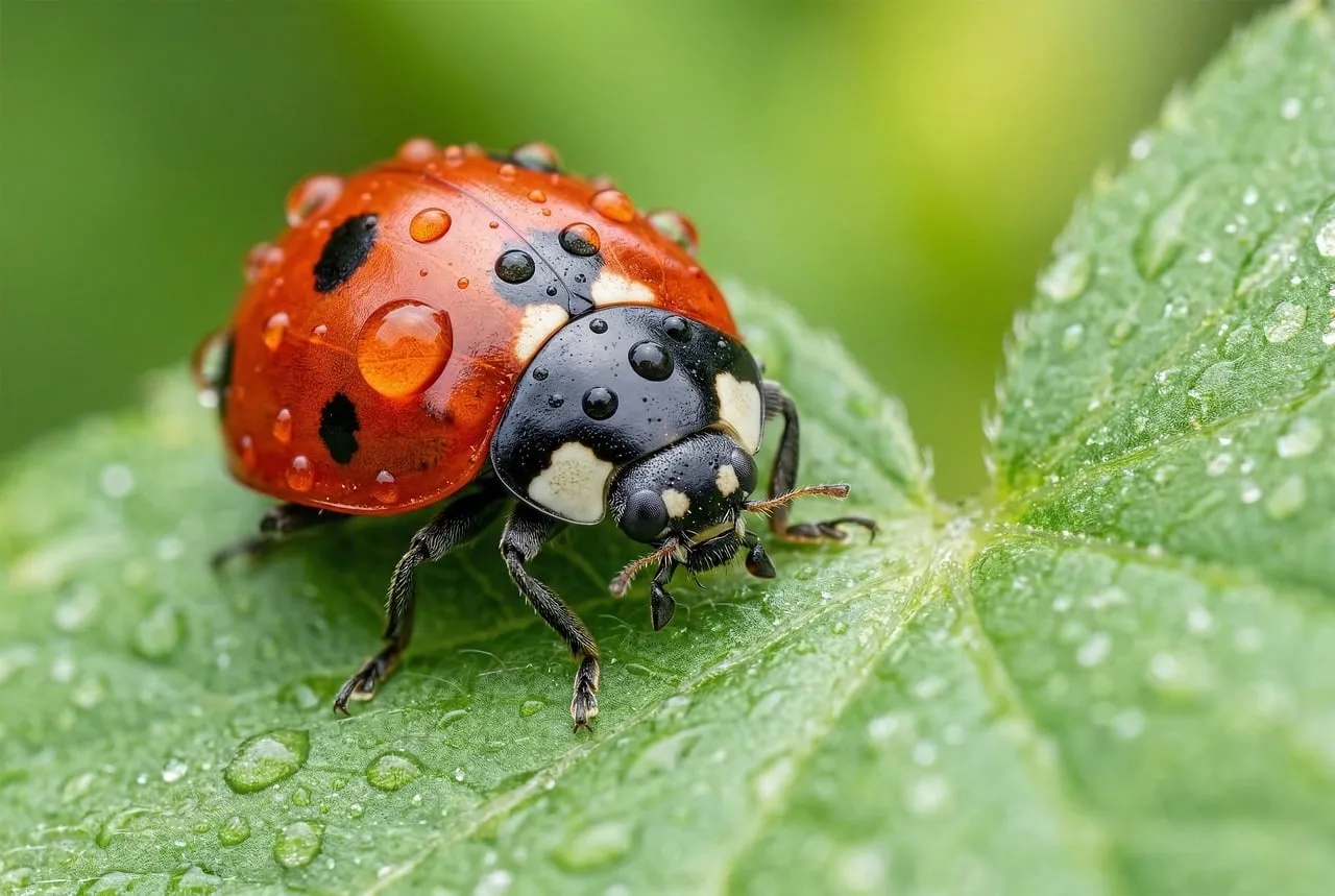 Vibrant Macro: Ladybug Adorned with Sparkling Dewdrops