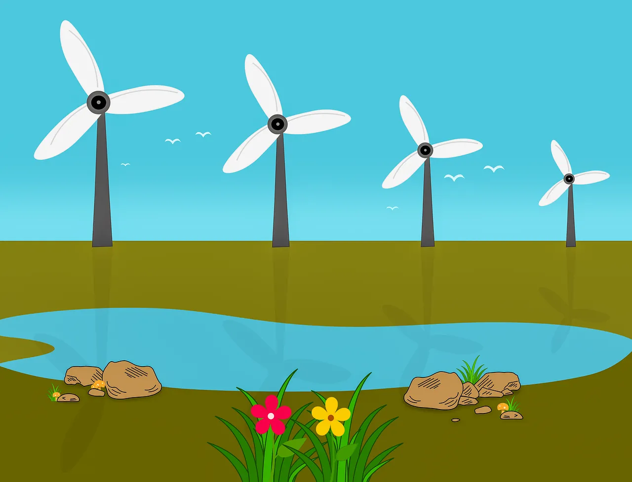 Vibrant Wind Farm: Eco-Friendly Energy in Cartoon Landscape