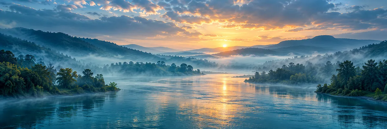 Breathtaking Sunset Over Misty River and Mountain Panorama