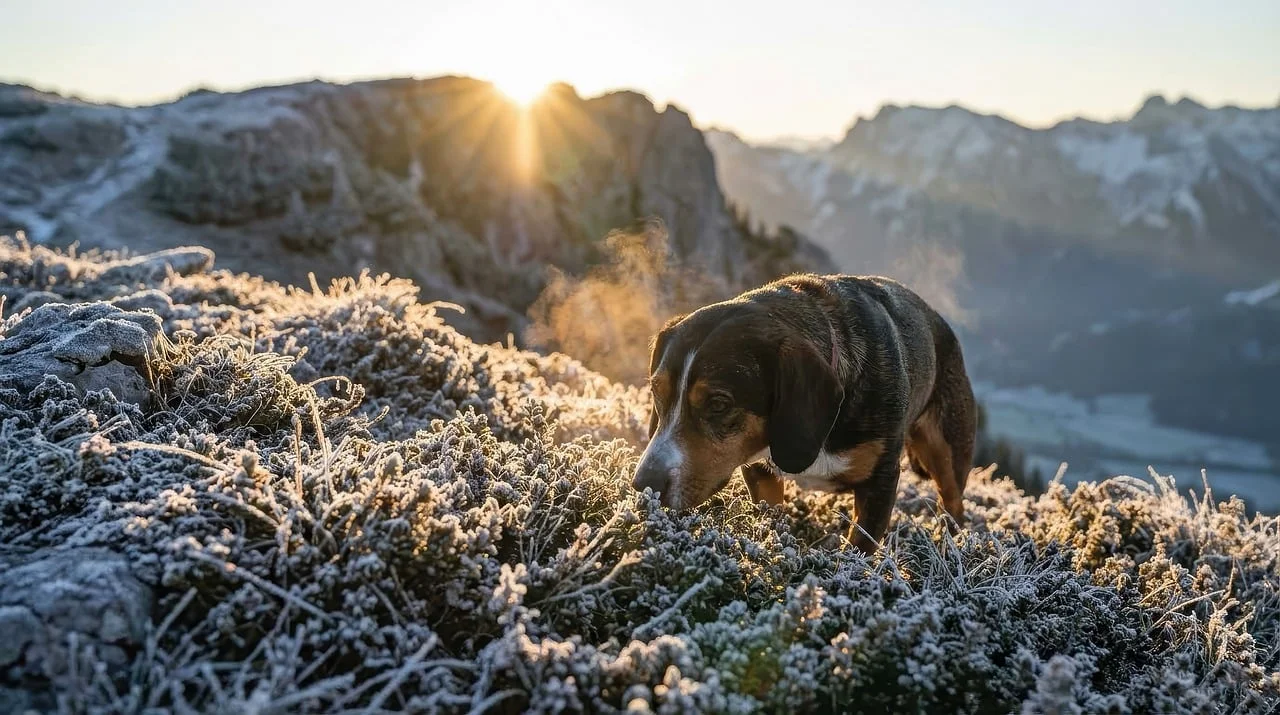 Breathtaking Frosty Summit: Dog's Golden Sunset Hunt