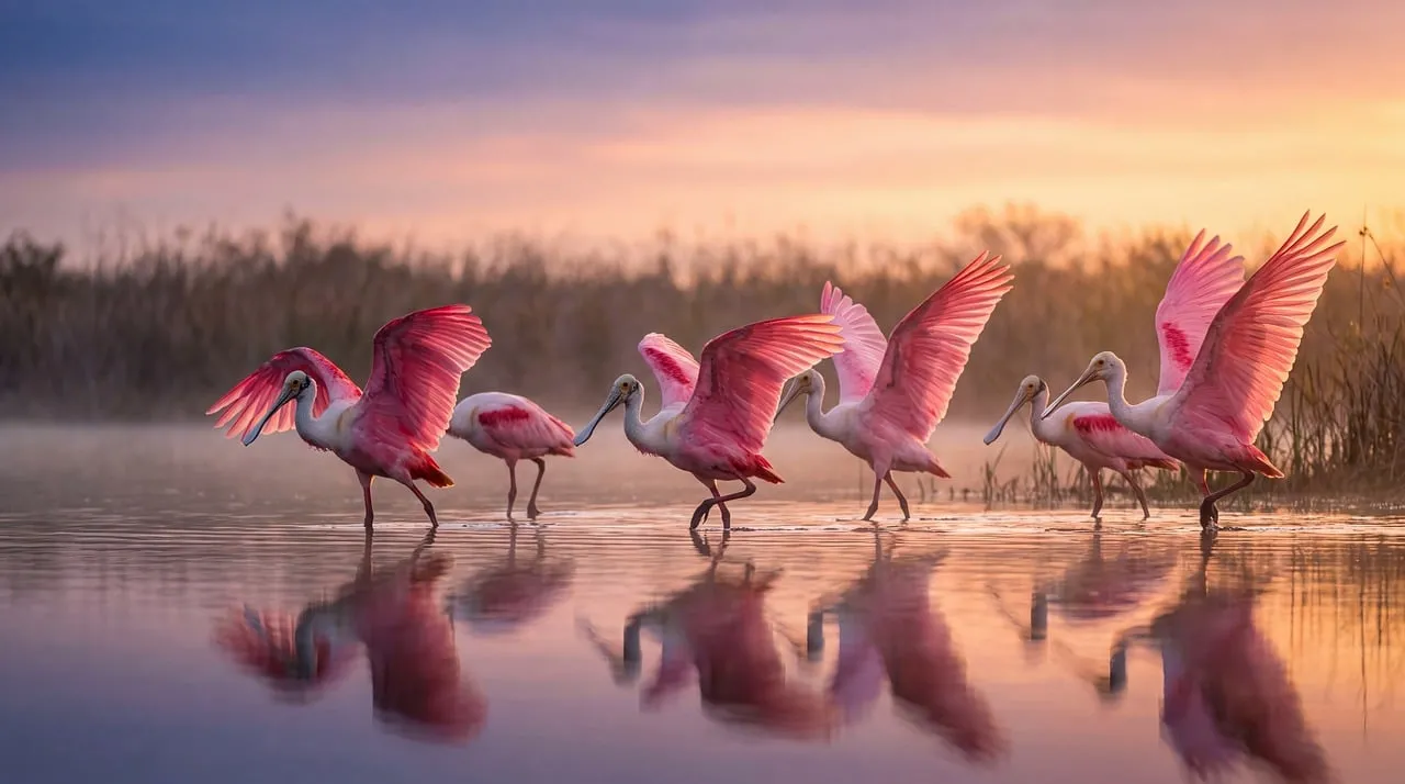 Enchanting Dawn: Pink Spoonbills Gracing Misty Wetlands