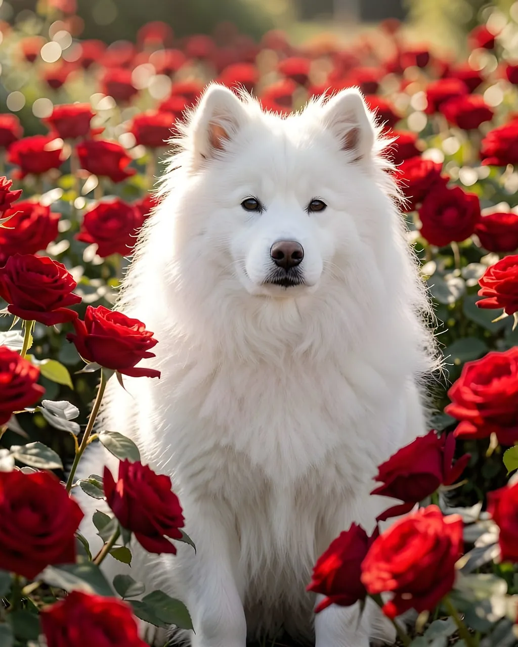 Stunning Samoyed Amidst Blooming Red Roses