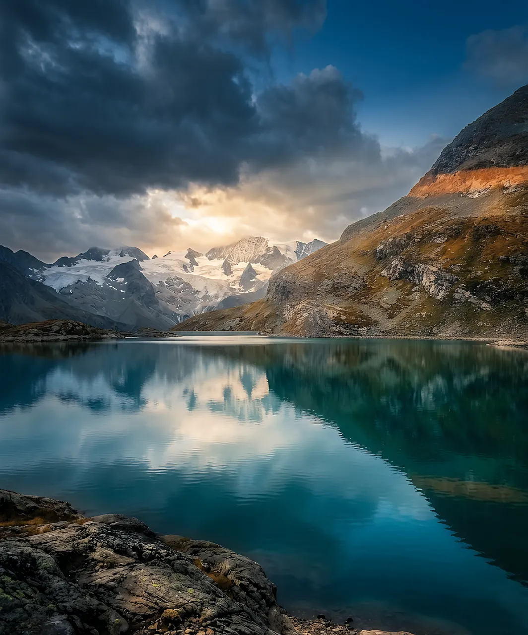 Dramatic Alpine Sunset Reflection: Serene Mountain Lake Views