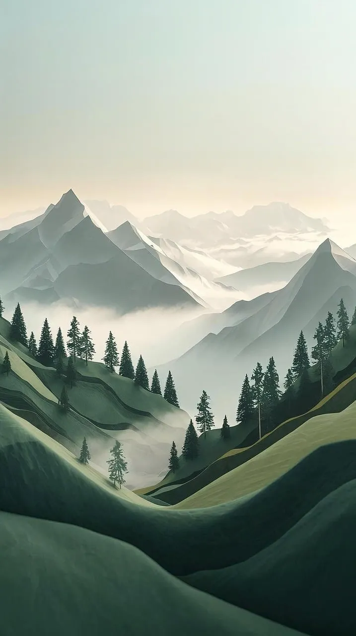 Misty Mountain Dawn: Tranquil Panorama with Lush Forests