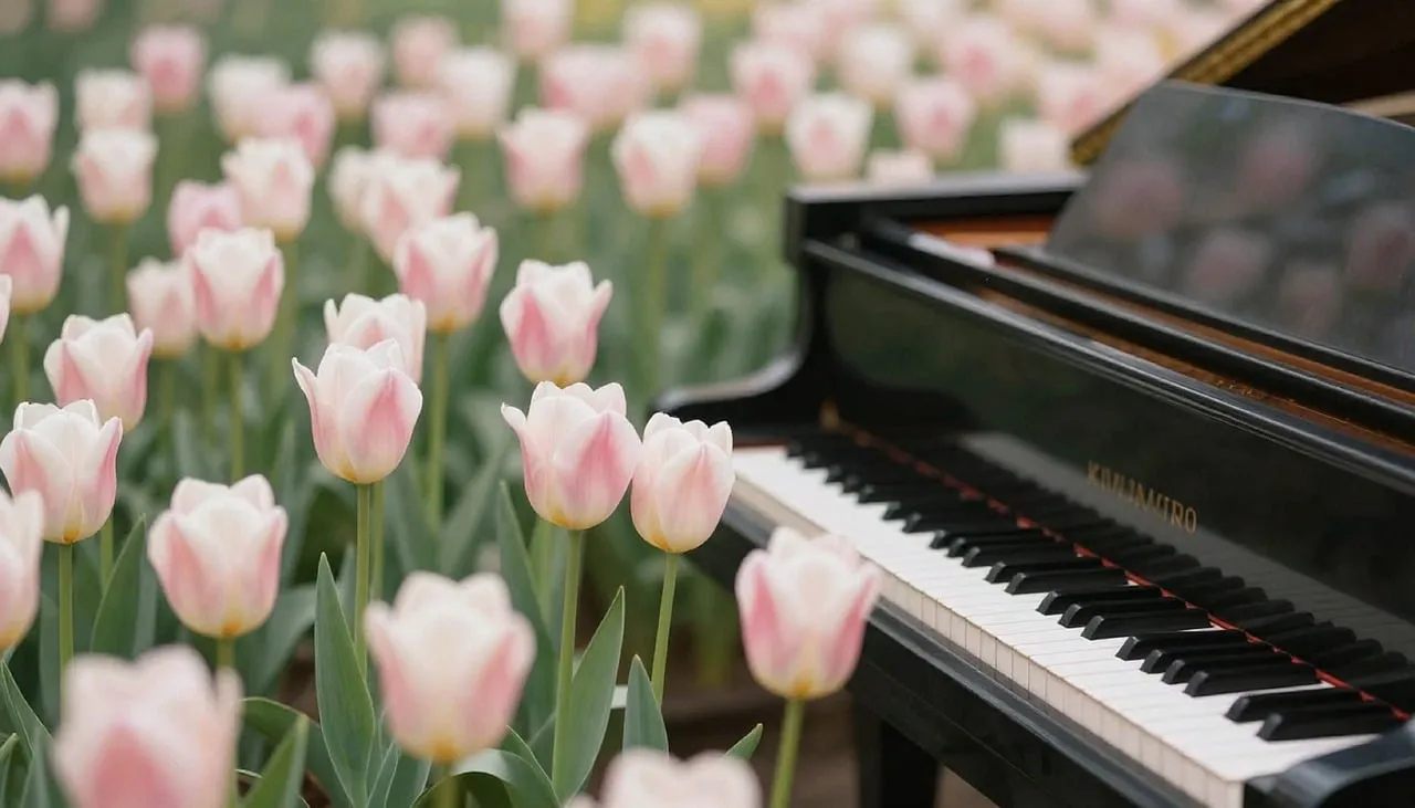 Enchanting Melody: Piano Amidst a Field of White Tulips