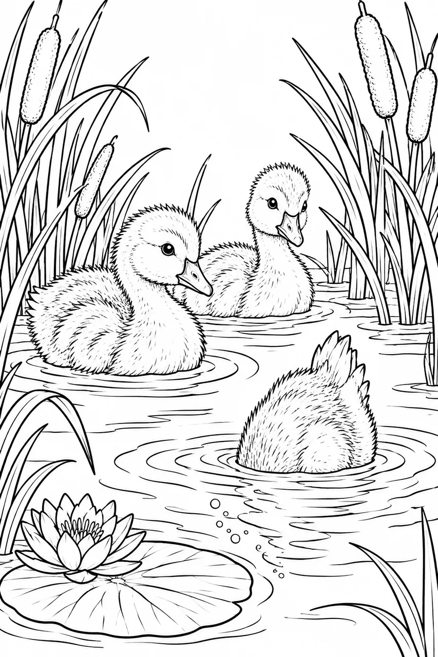 Charming Goslings Coloring Page: Pondside Fun for Kids