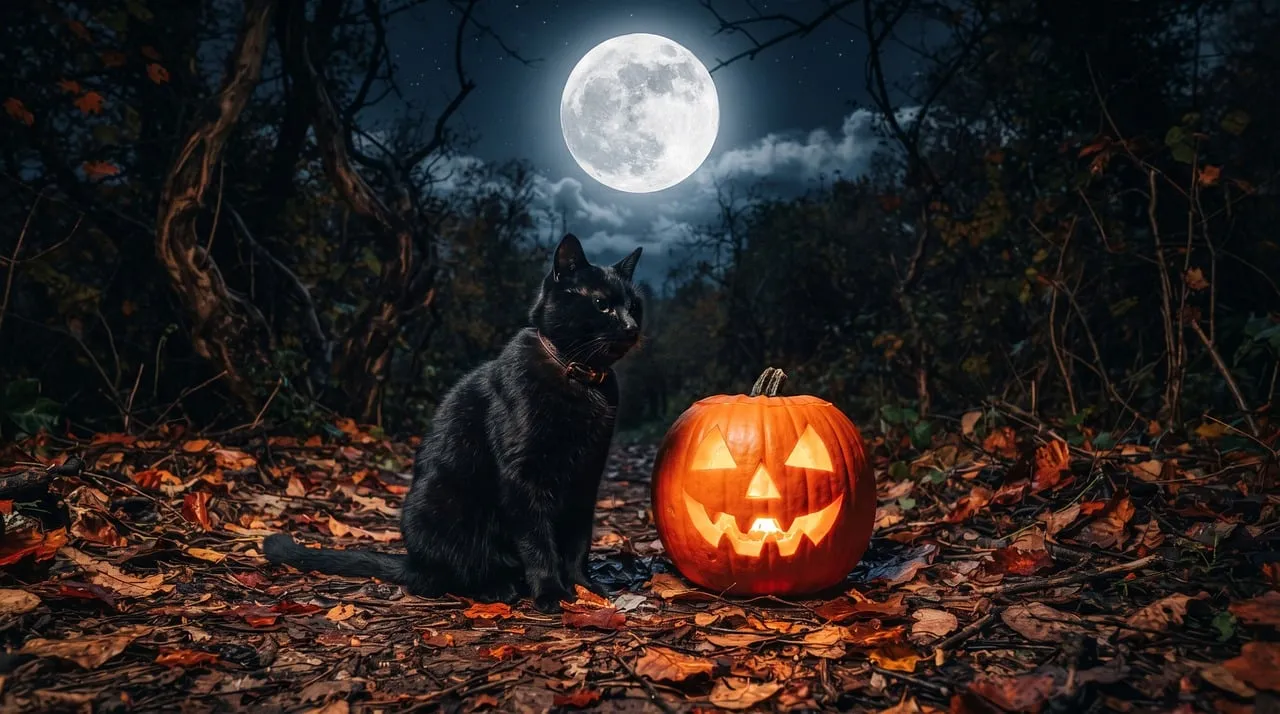 Mysterious Midnight: Black Cat and Glowing Pumpkin Under Full Moon