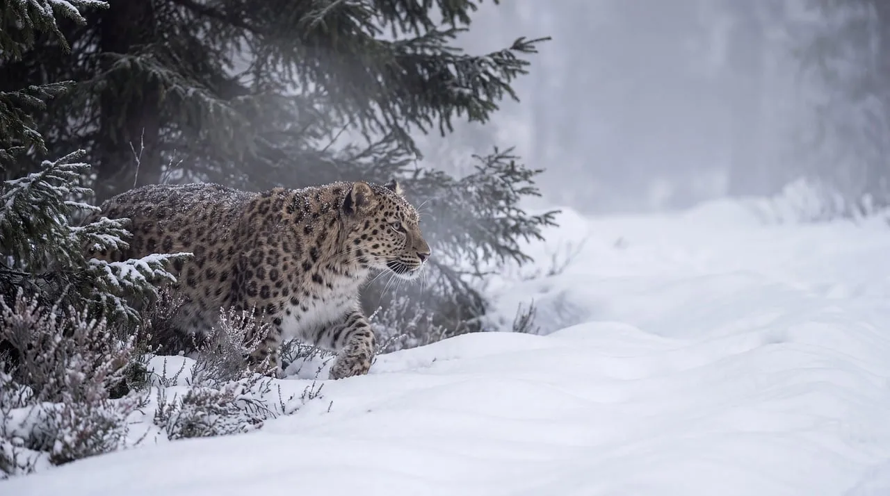 Majestic Leopard: Winter Hunter in Snow-Covered Forest