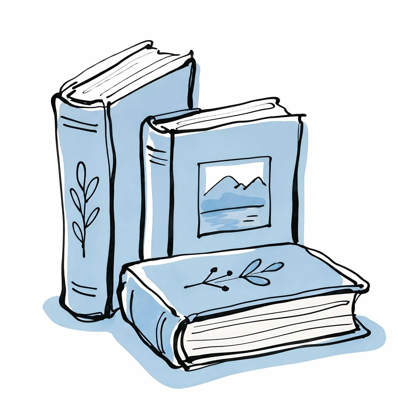 Charming Hand-Drawn Blue Books with Artistic Mountain Design