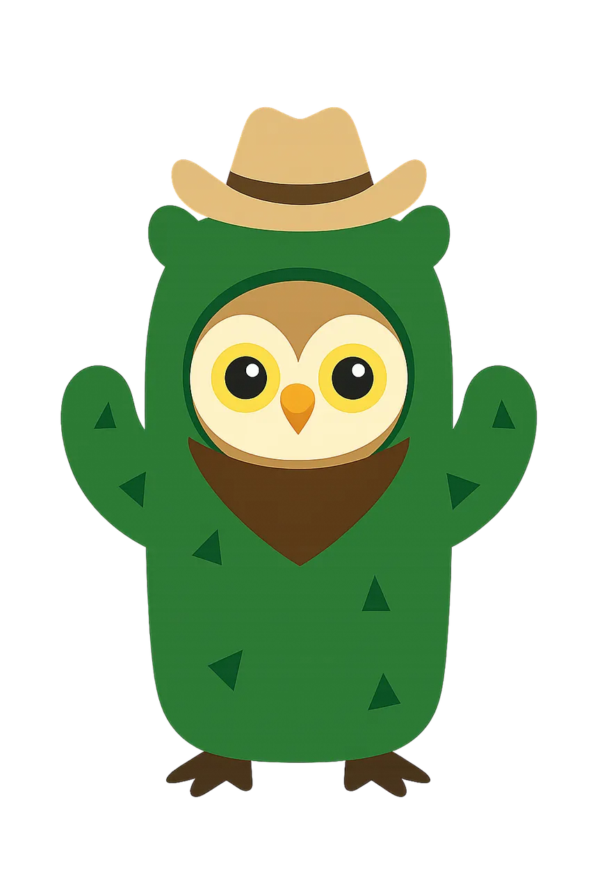Charming Desert Owl: Cute Cactus Cowboy Mascot