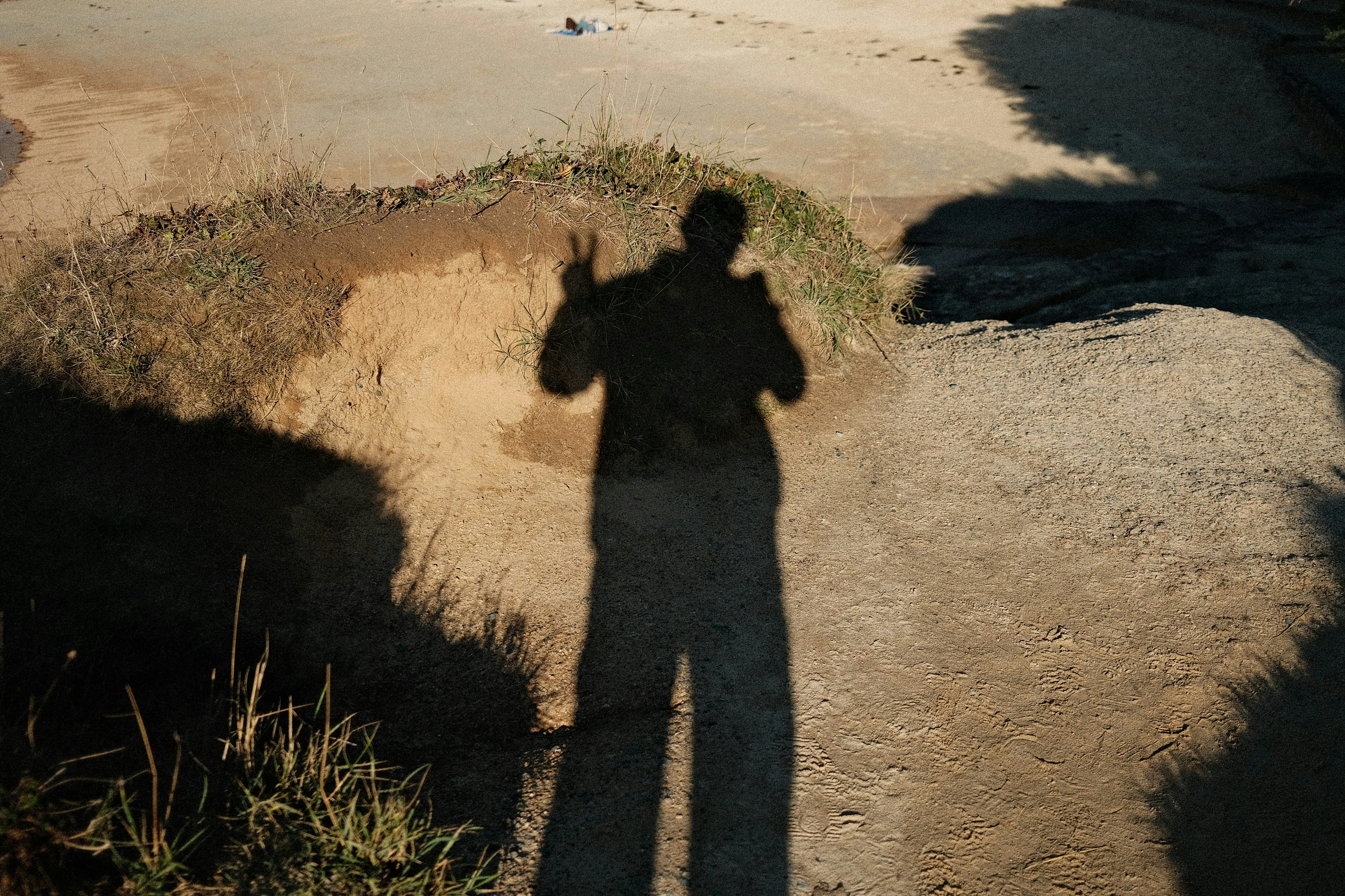 Playful Shadow Peace Sign on Sunny Ground