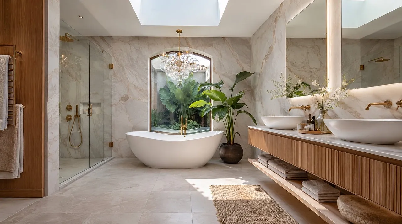 Opulent Oasis: Modern Marble Bathroom with Freestanding Tub