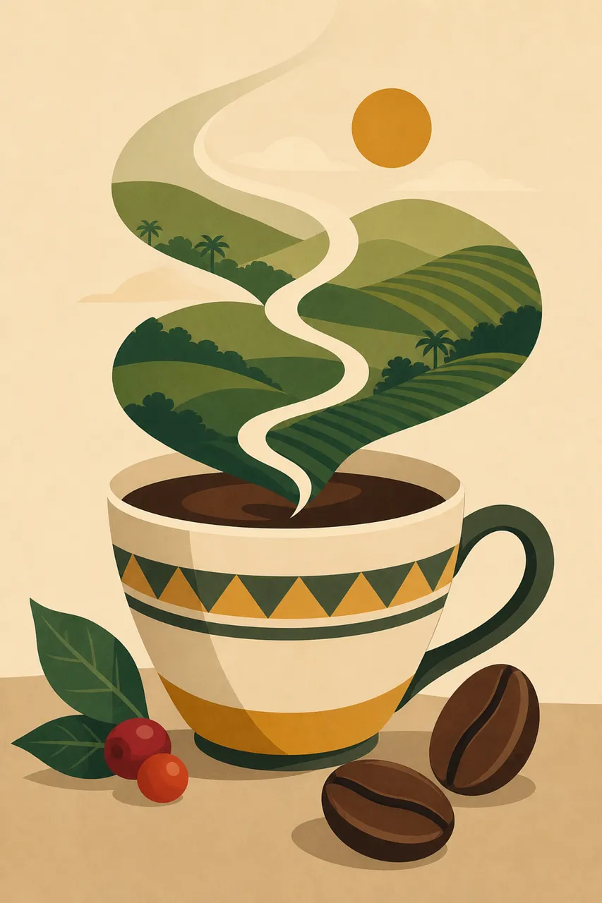 Surreal Coffee Landscape: Tropical Hills in a Warm Brew
