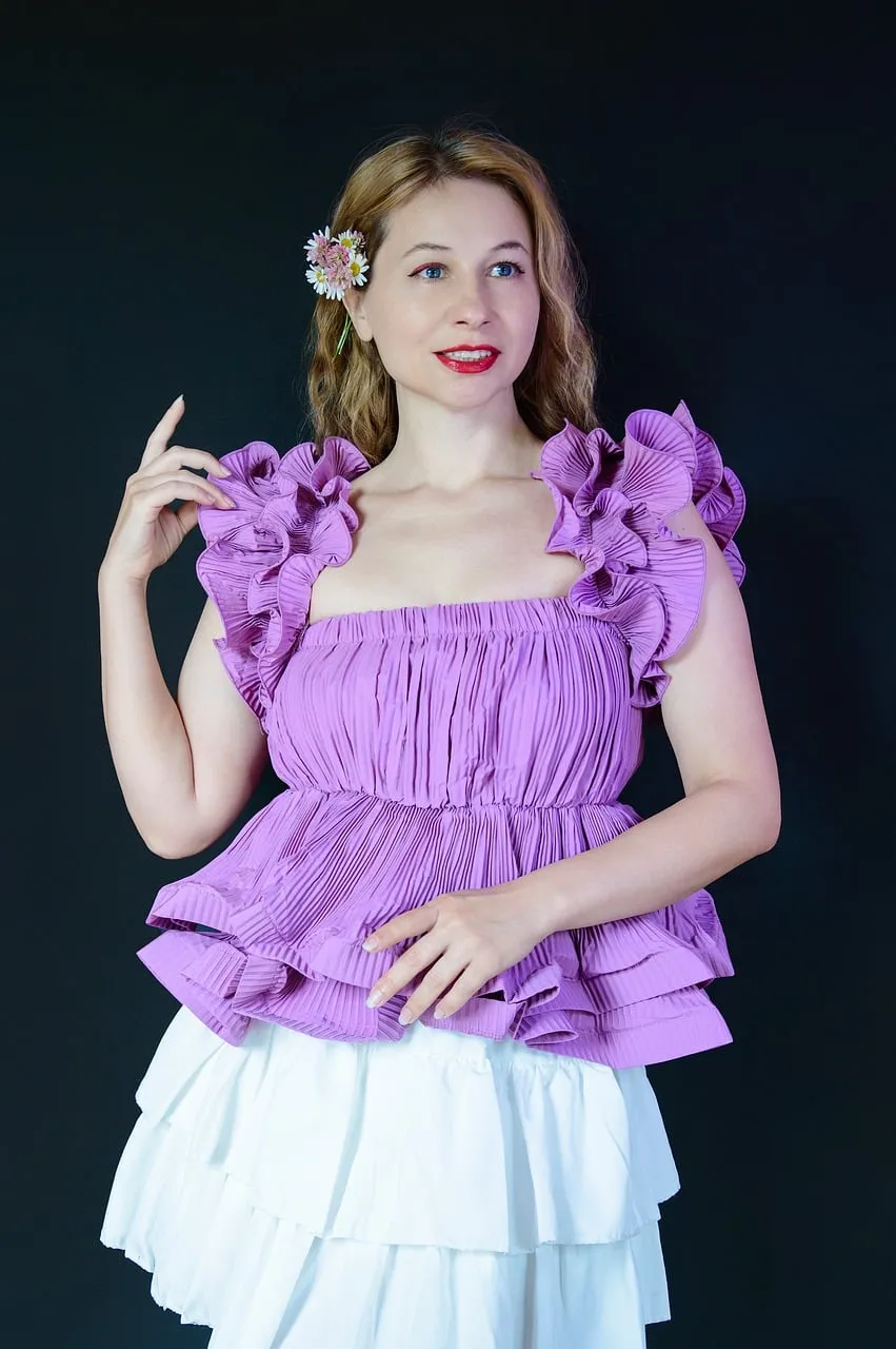 Radiant Lavender Elegance: Charming Woman in Ruffled Top