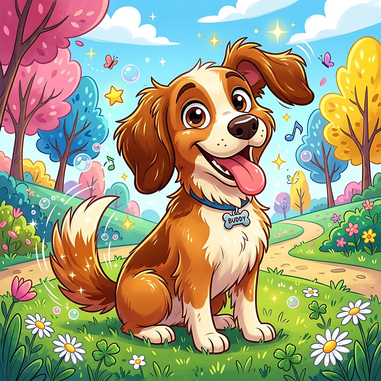Joyful Cartoon Puppy Frolicking in a Vibrant Spring Park
