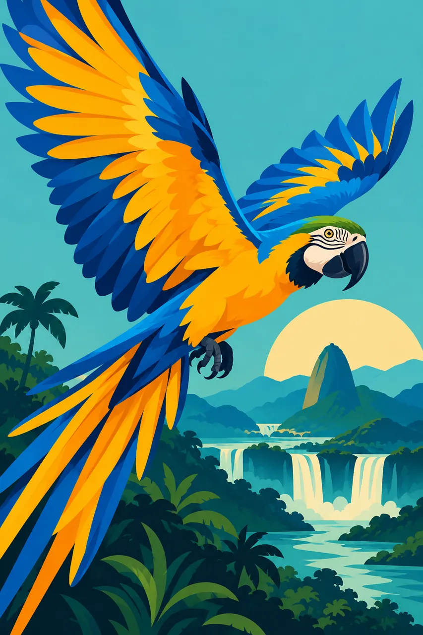 Vibrant Macaw Soars Over Majestic Rainforest Waterfall