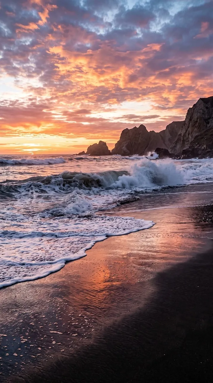 Breathtaking Coastal Sunset: Fiery Skies & Crashing Waves
