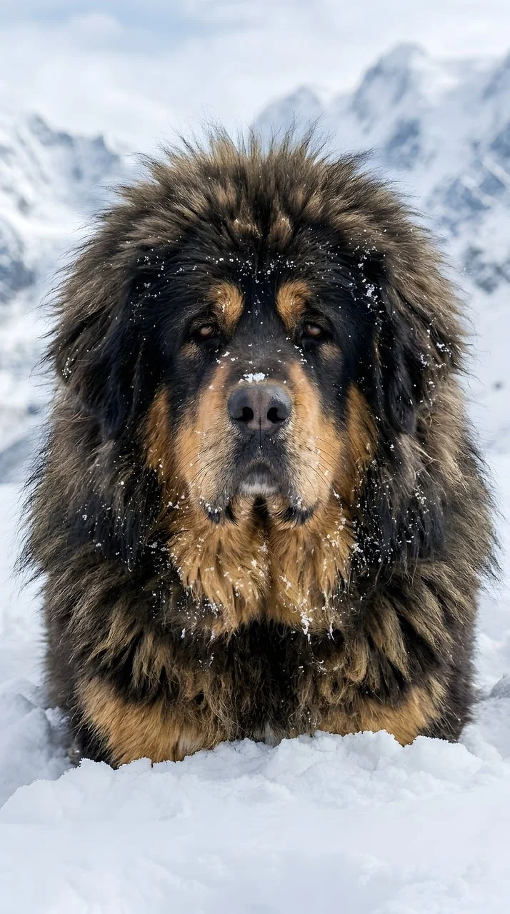 Majestic Tibetan Mastiff: Winter Guardian in the Snow Mountains