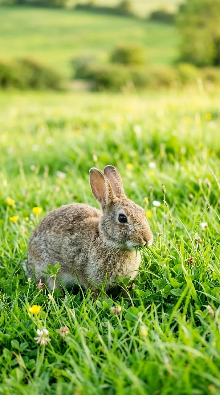 Charming Wild Rabbit Enjoying Spring Meadow at Sunrise
