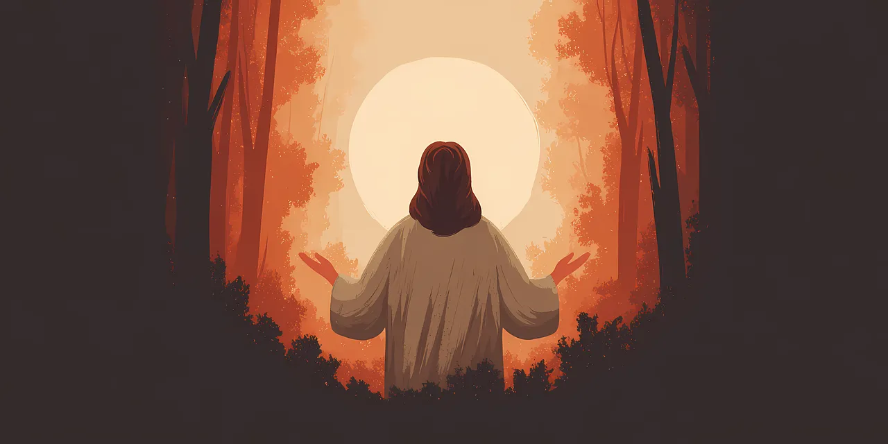 Divine Sunset Solitude: Jesus in Prayerful Forest Light