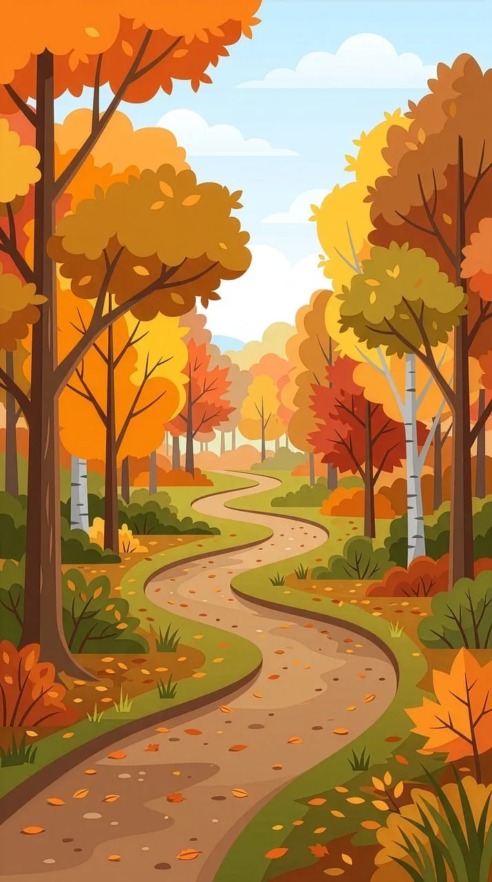 Vibrant Autumn Wonderland: Serene Forest Path Illustration