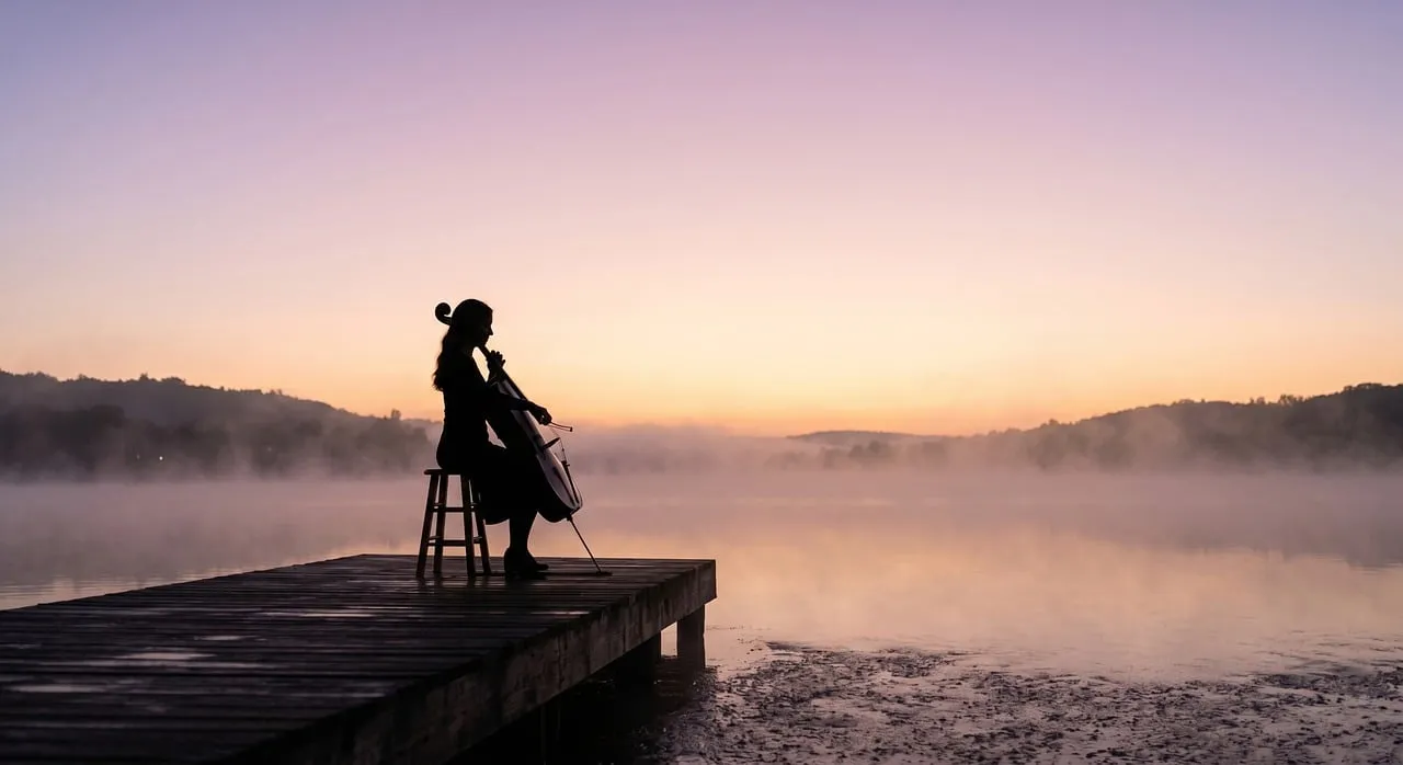 Enchanting Morning Symphony: Cellist on a Misty Lake Dock at Sunrise