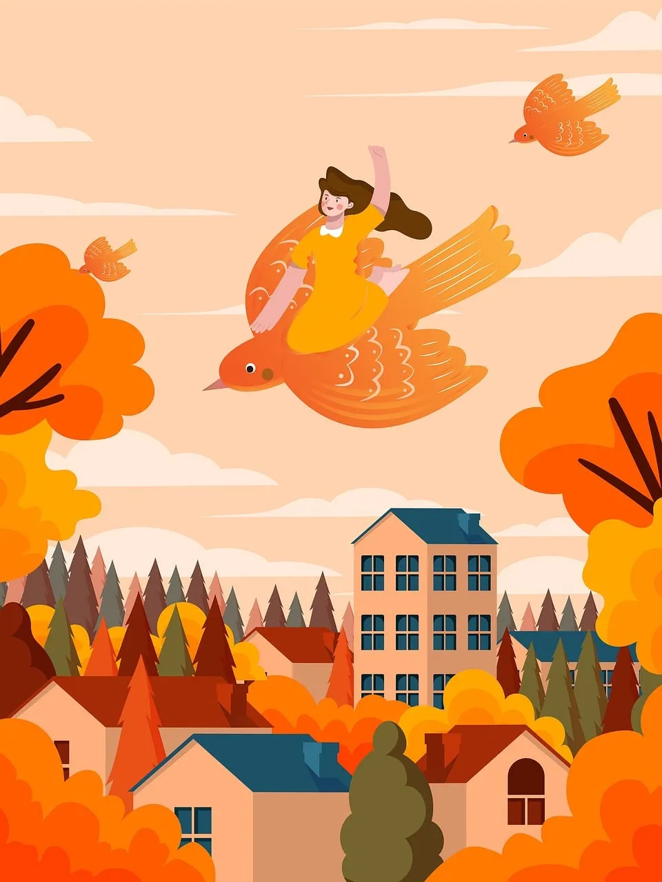 Enchanting Autumn Flight: Girl Soaring on a Giant Bird