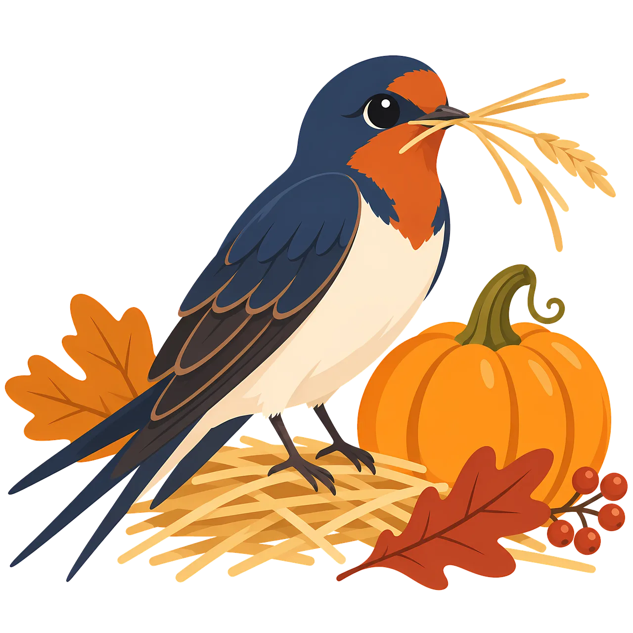 Charming Autumn Swallow: Rustic Harvest Illustration