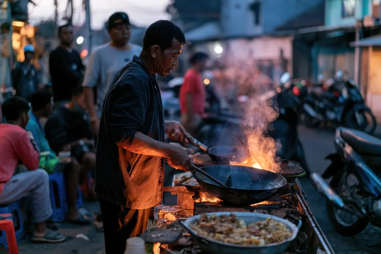 Fiery Wok Master: Authentic Indonesian Street Food Cooking at Sunset