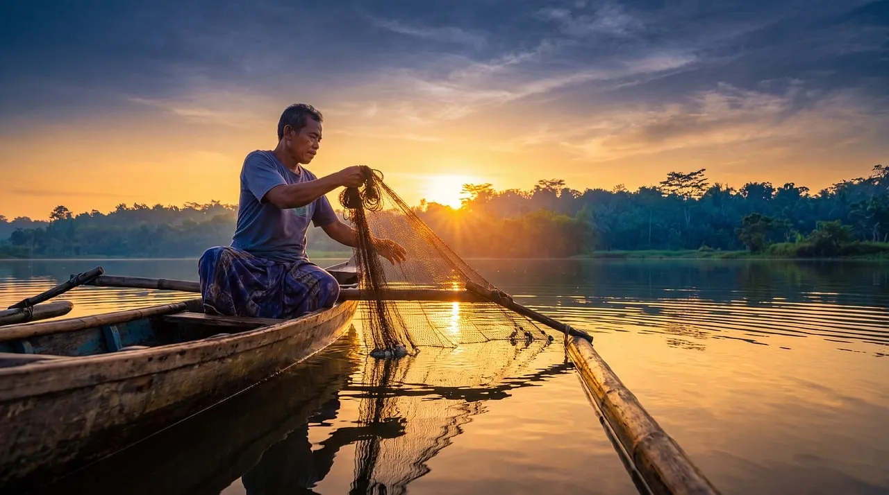 Golden Hour Angler: Traditional Fishing at Sunset