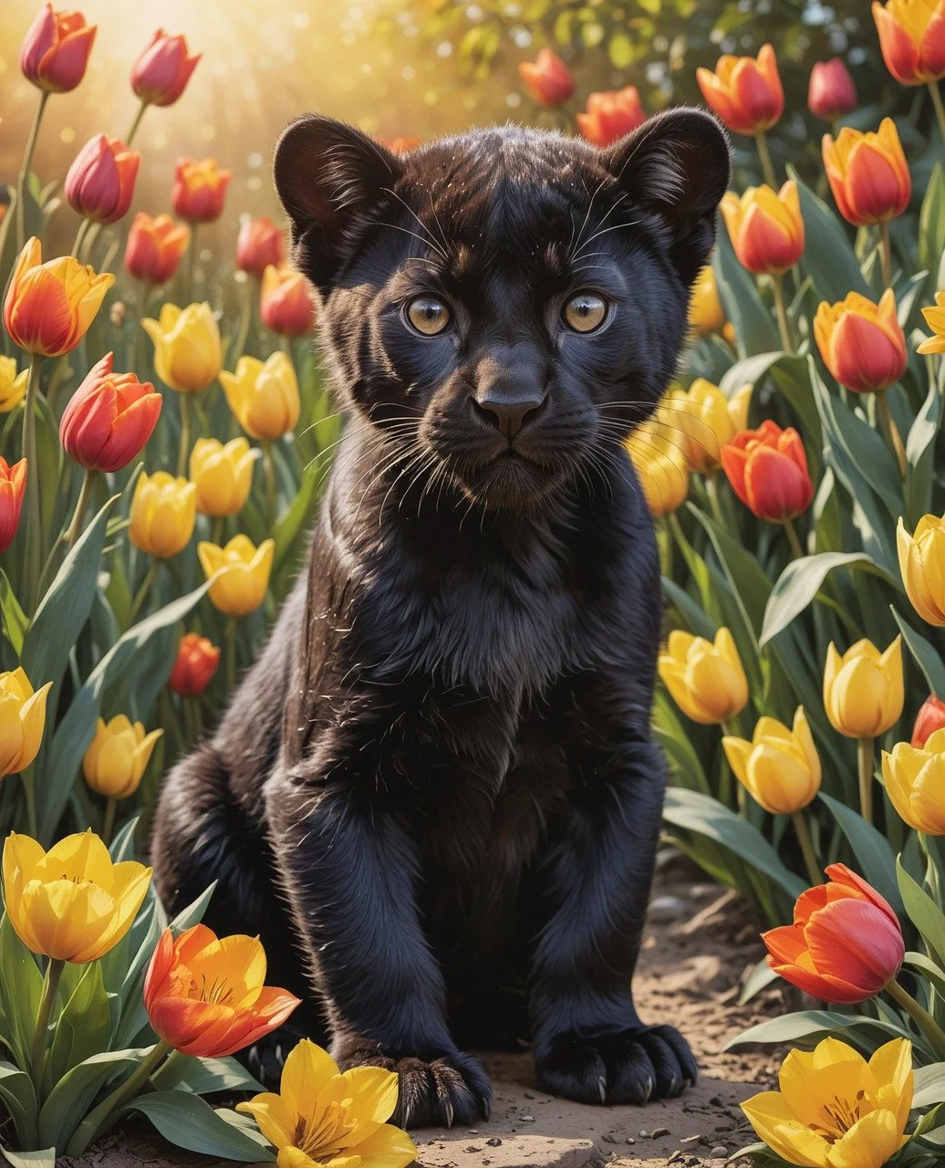 Enchanting Black Panther Cub Amidst Vibrant Spring Tulips
