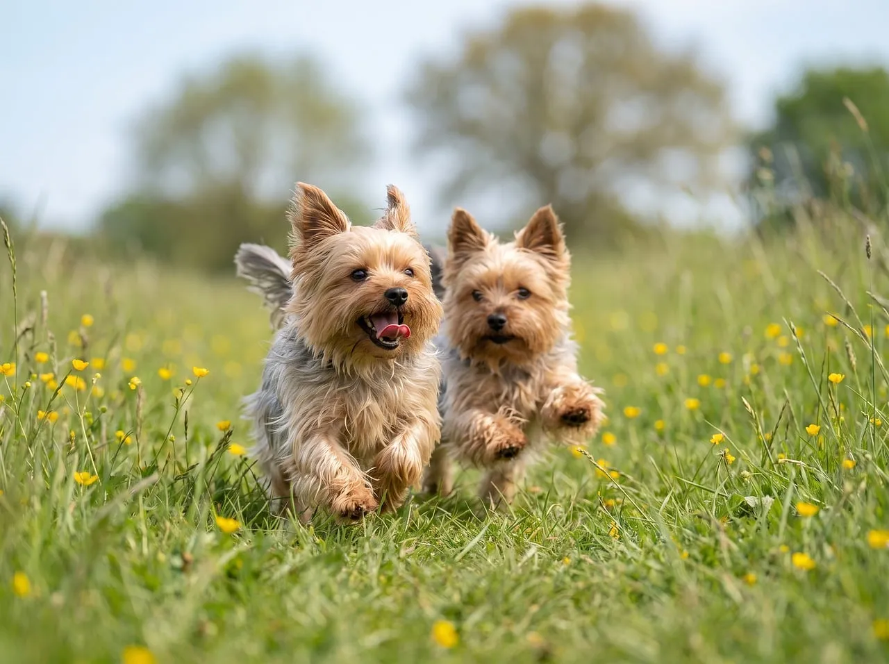 Joyful Yorkshire Terrier Puppies Romping in Sunny Meadow