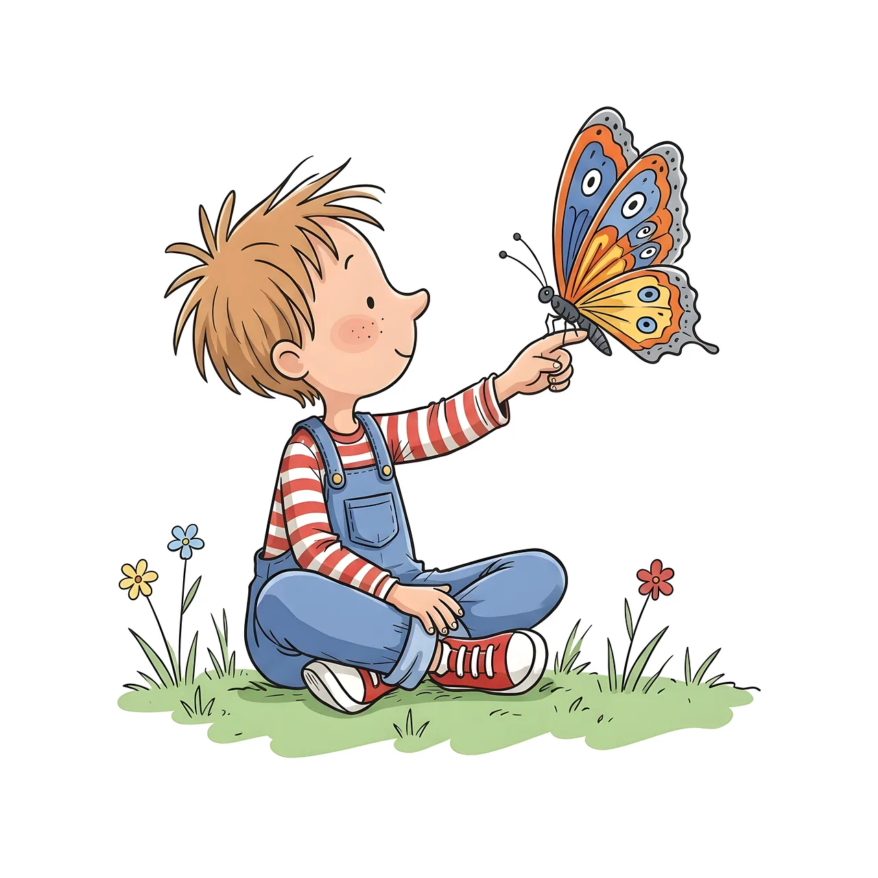 Charming Cartoon Boy with Butterfly in Nature's Bloom