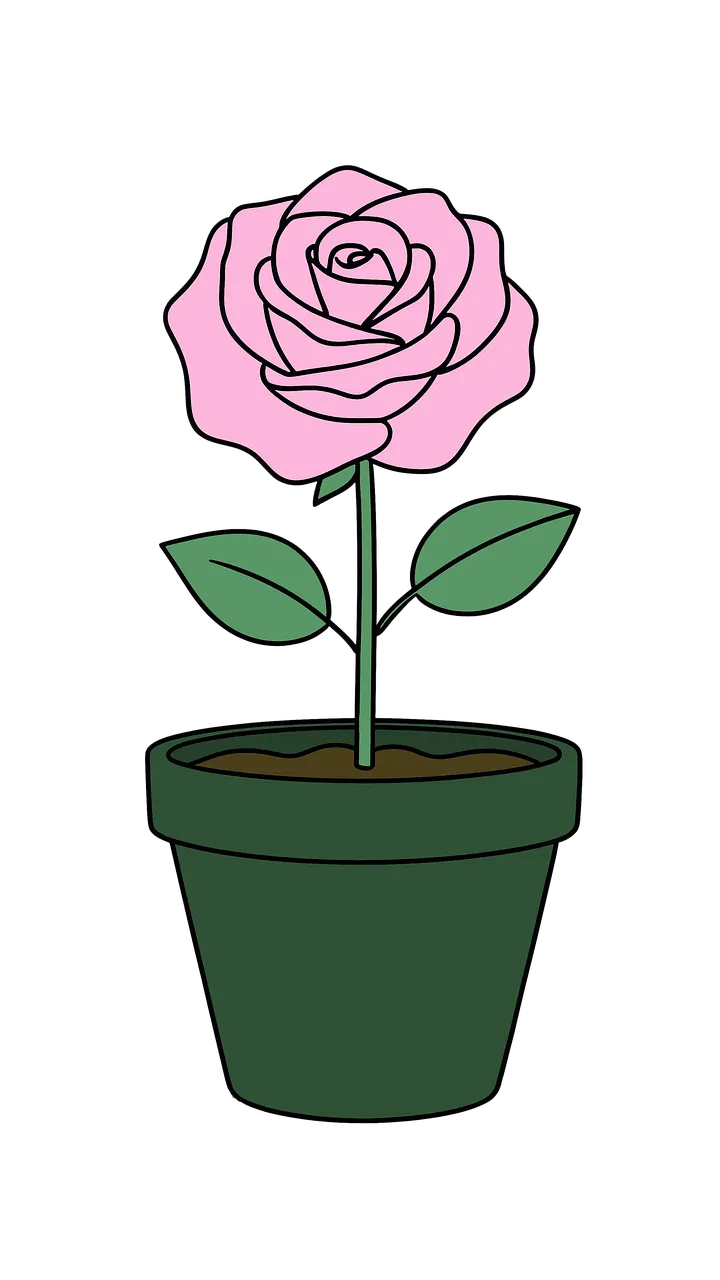 Minimalist Pink Rose in Pot: Elegant Line Art Illustration