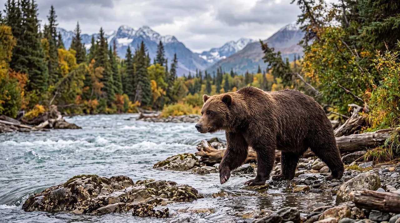 Majestic Grizzly Roams Alaskan Wilderness by Autumn River