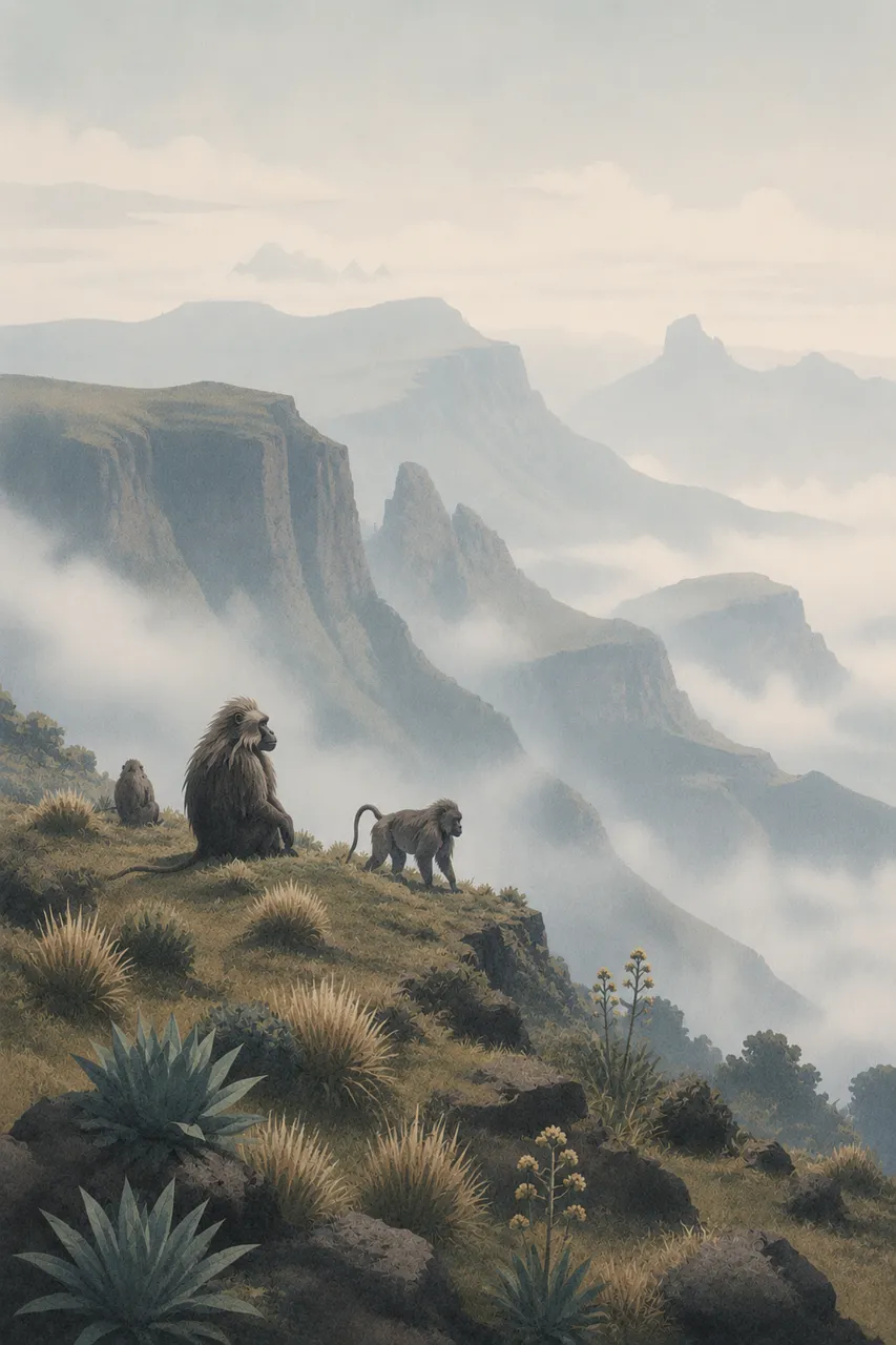 Mystical Mountainscape: Baboons Amidst African Mist