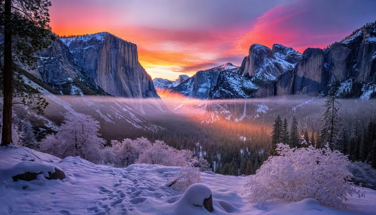Breathtaking Yosemite Dawn: Winter's Fiery Embrace