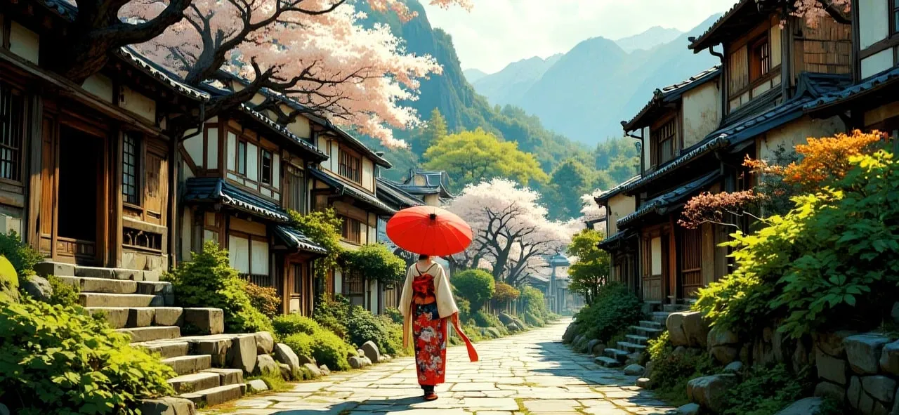 Enchanting Spring Alley: Traditional Kimono & Cherry Blossoms