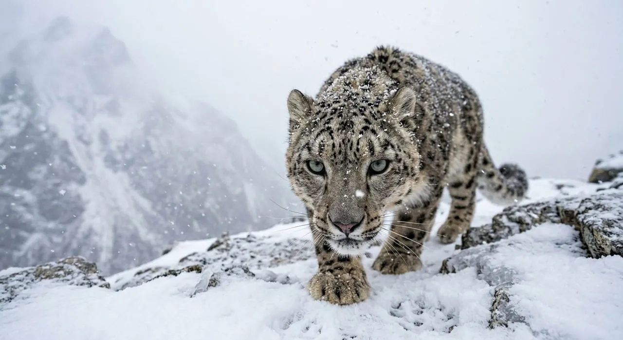 Majestic Snow Leopard Prowling in Winter Wonderland