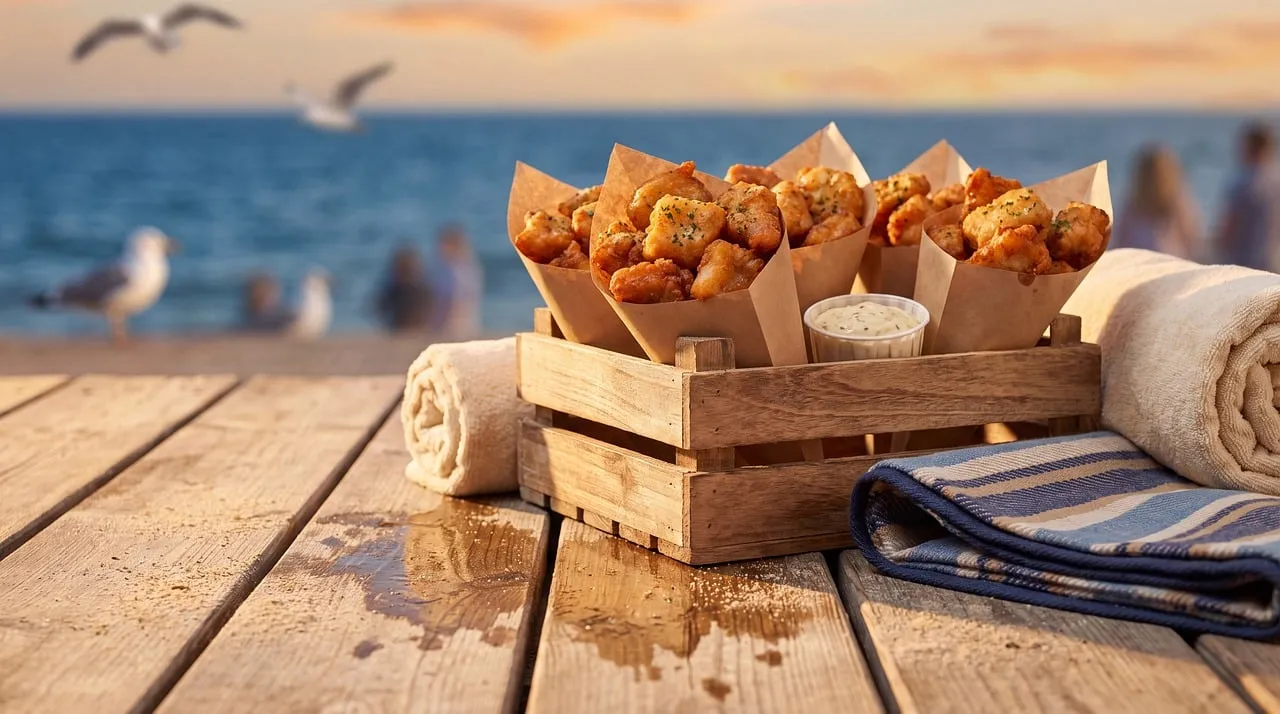 Golden Fried Chicken Sunset Feast by the Serene Sea