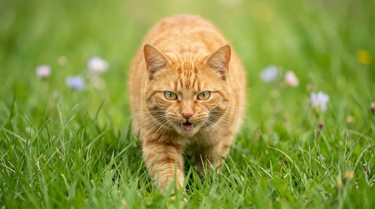 Intense Ginger Cat Stalking Through Verdant Grass