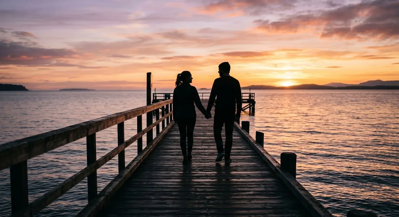Romantic Sunset Stroll: Couple on a Golden Hour Pier