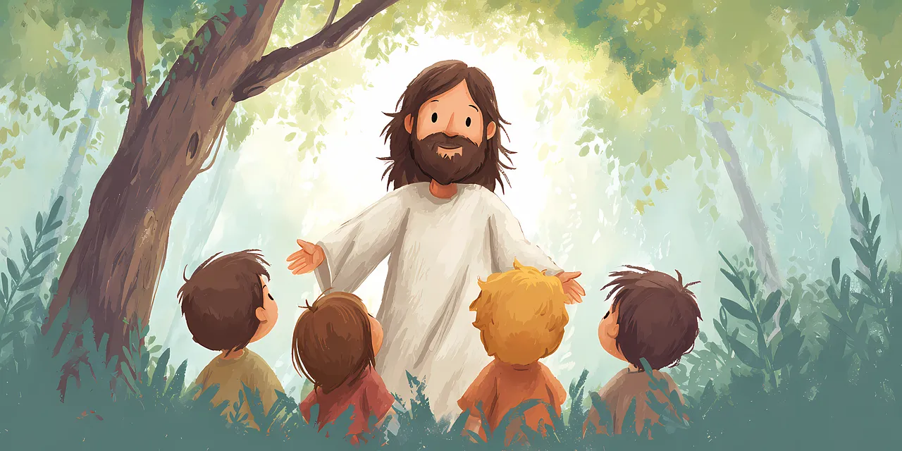 Divine Encounter: Jesus and Children in a Serene Forest