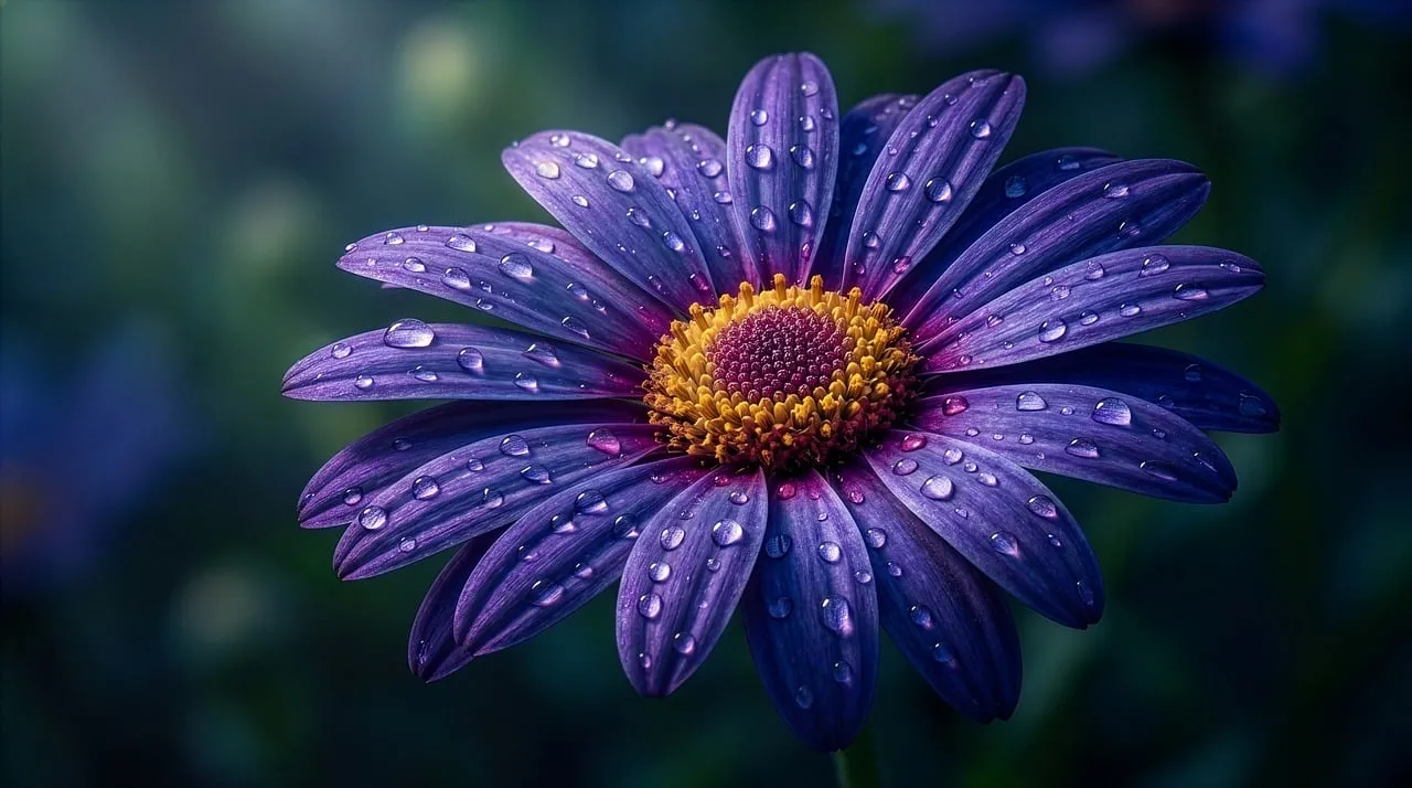 Vibrant Purple Daisy with Morning Dewdrops