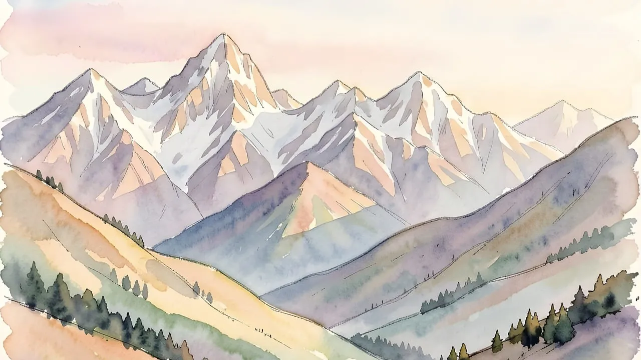 Serene Watercolor Mountains: Alpine Beauty Painting