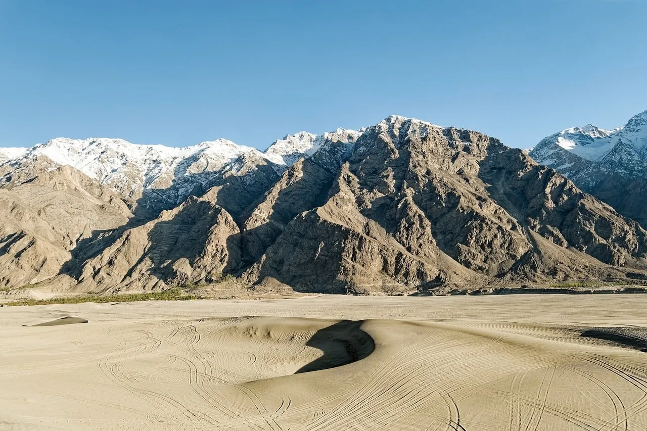 Majestic Karakoram Peaks: Desert Sands Meet Snowy Giants