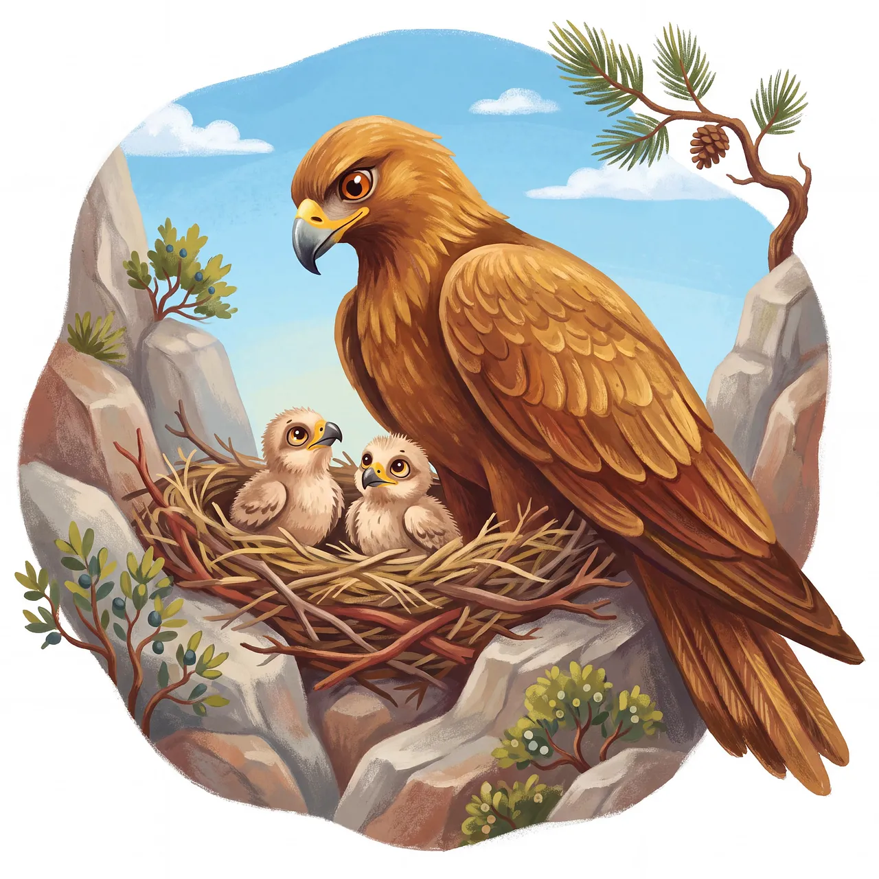 Majestic Golden Eagle Safeguarding Its Chicks in a Cliffside Nest