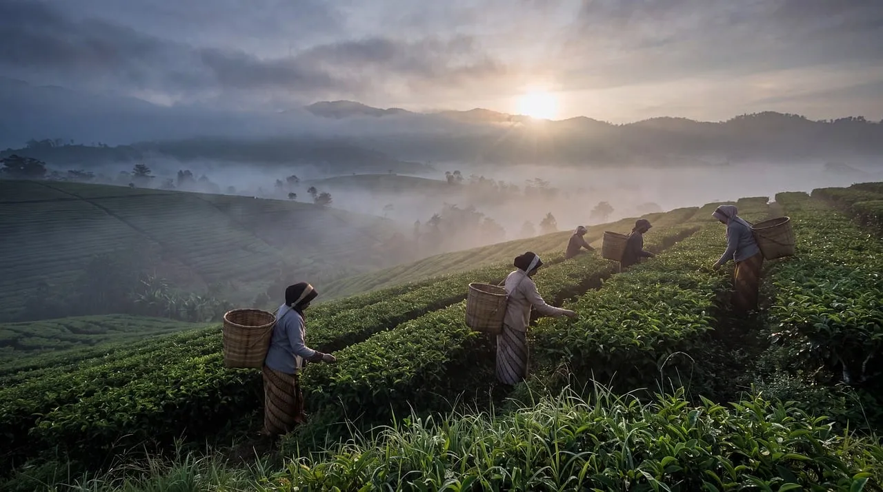 Misty Morning Harvest: Serene Tea Plantation Sunrise