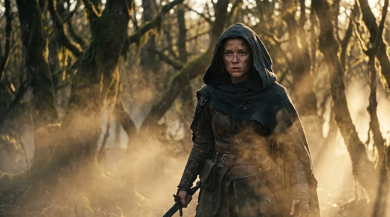 Enigmatic Female Warrior in Mist-Shrouded Fantasy Forest