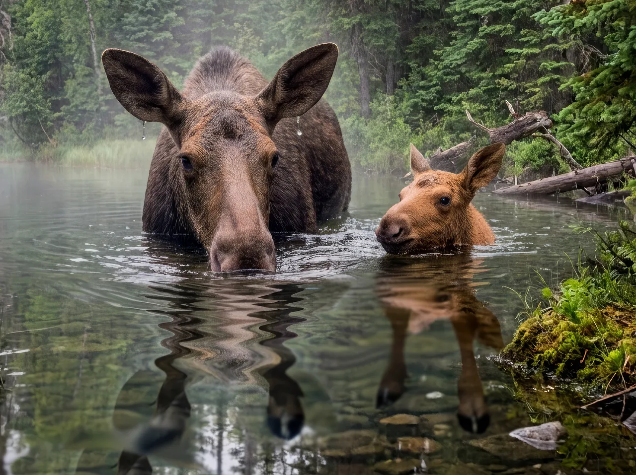 Enchanting Encounter: Moose Mother and Calf Swim in Misty Lake